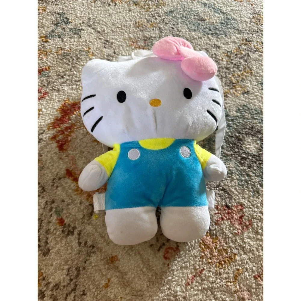 Sanrio Hello Kitty Plush Backpack‎ Blue Overalls Pink Bow Kawaii Kids Bag 11in